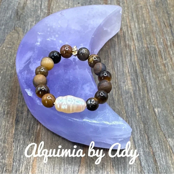 Tiger’s eye freshwater pearl beaded handmade ring /bohemian colorful - Picture 1 of 6